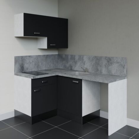 Kitchenette d'angle KA02L-PT avec plan de travail et évier - Façade Noir - Plan Gris béton - Evier Inox - Crédences Oui