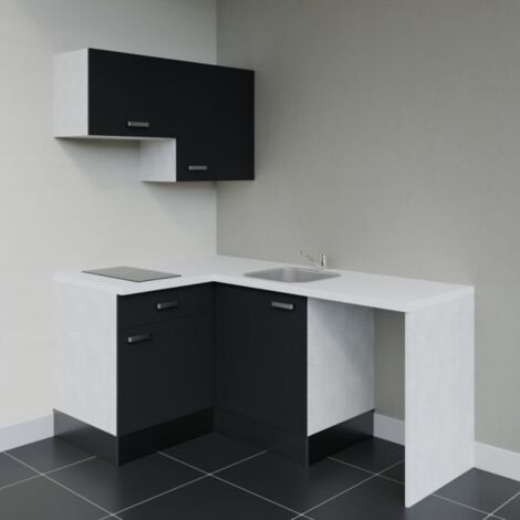 Kitchenette d'angle KA02L-PT avec plan de travail et évier Façade Noir - Plan Blanc - Evier