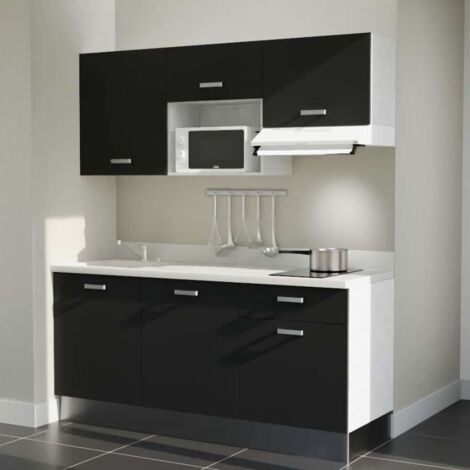 Kitchenette K30L - 180 cm - emplacements micro-ondes et hotte-Noir-Snova-évier à gauche