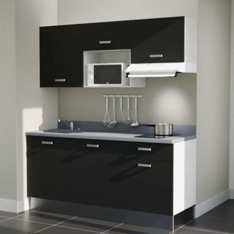 Kitchenette K30L - 180 cm - emplacements micro-ondes et hotte-Noir-Cromo-évier à gauche