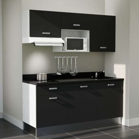 Kitchenette K30L - 180 cm - emplacements micro-ondes et hotte-Noir-Nero-évier à droite