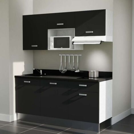 Kitchenette K30L - 180 cm - emplacements micro-ondes et hotte-Noir-Nero-évier à gauche