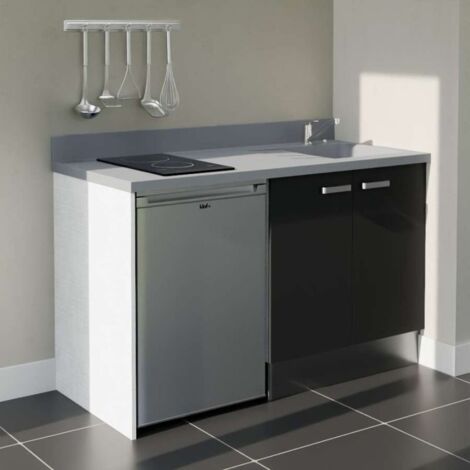 Kitchenette K17L - 140 cm - plan monobloc évier intégré Cromo- évier à droite - Façades Noir + Electroménager inclus coloris Inox