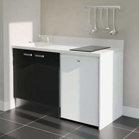 Kitchenette K17L - 140 cm - plan monobloc évier intégré Snova- évier à gauche - Façades Noir + Electroménager inclus coloris Blanc
