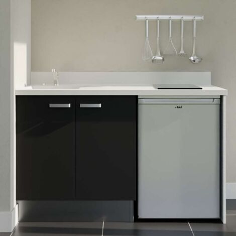 Kitchenette K17L - 140 cm - plan monobloc évier intégré Snova- évier à gauche - Façades Noir + Electroménager inclus coloris Inox