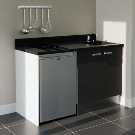 Kitchenette K17L - 140 cm - plan monobloc évier intégré Nero- évier à droite - Façades Noir + Electroménager inclus coloris Inox
