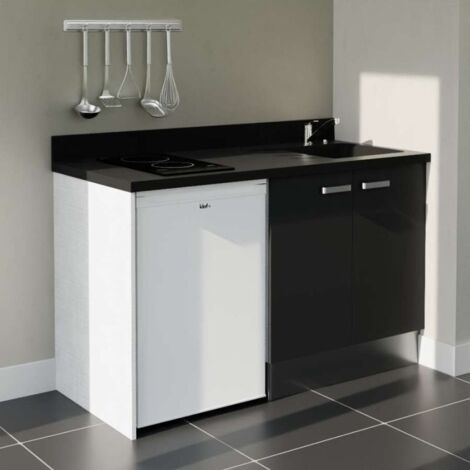 Kitchenette K17L - 140 cm avec plan monobloc et emplacement frigo top-Noir-Nero-évier à droite