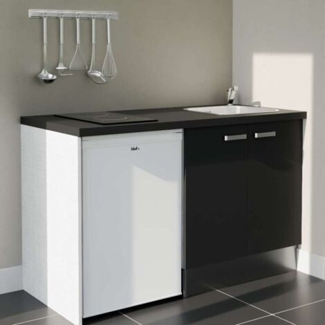 Kitchenette K17L-PT - 140 cm - plan stratifié, évier inox, - Façade Noir - Plan Noir texturé - Evier Inox - Crédences Non + Electroménager inclus coloris Blanc