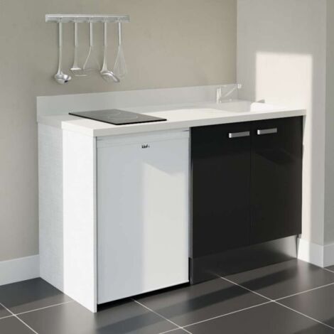 Kitchenette K17L - 140 cm avec plan monobloc et emplacement frigo top-Noir-Snova-évier à droite