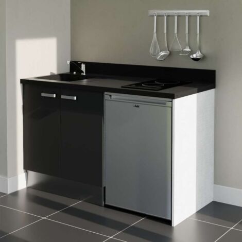 Kitchenette K17L - 140 cm - plan monobloc évier intégré Nero- évier à gauche - Façades Noir + Electroménager inclus coloris Inox