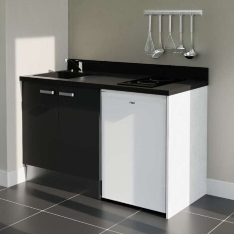 Kitchenette K17L - 140 cm - plan monobloc évier intégré Nero- évier à gauche - Façades Noir + Electroménager inclus coloris Blanc