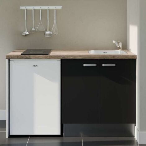 Kitchenette K17L-PT - 140 cm avec plan de travail et évier - Façade Noir - Plan Bois - Evier Inox - Crédences Non