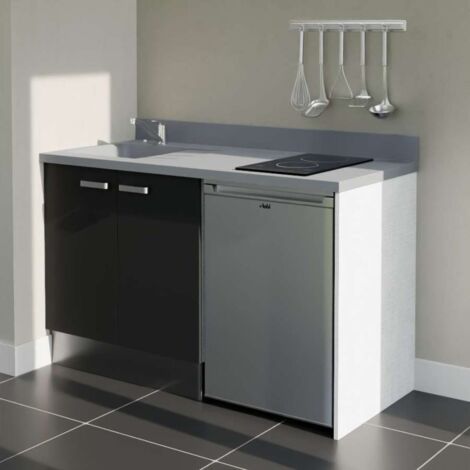 Kitchenette K17L - 140 cm - plan monobloc évier intégré Cromo- évier à gauche - Façades Noir + Electroménager inclus coloris Inox