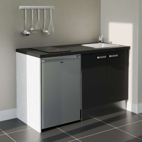 Kitchenette K17L-PT - 140 cm - plan stratifié, évier inox, - Façade Noir - Plan Noir texturé - Evier Inox - Crédences Non + Electroménager inclus coloris Inox (1/5)