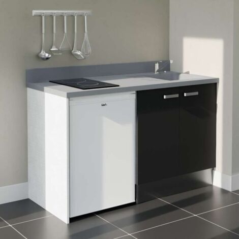 Kitchenette K17L - 140 cm avec plan monobloc et emplacement frigo top-Noir-Cromo-évier à droite