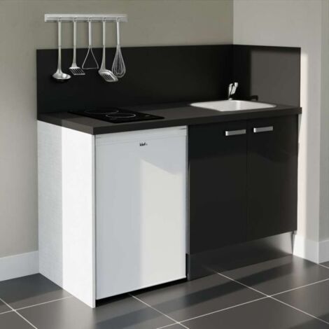 Kitchenette K17L-PT - 140 cm avec plan de travail et évier - Façade Noir - Plan Noir - Evier Inox - Crédences Oui
