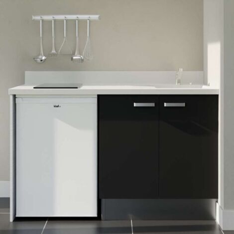 Kitchenette K17L - 140 cm - plan monobloc évier intégré Snova- évier à droite - Façades Noir + Electroménager inclus coloris Blanc