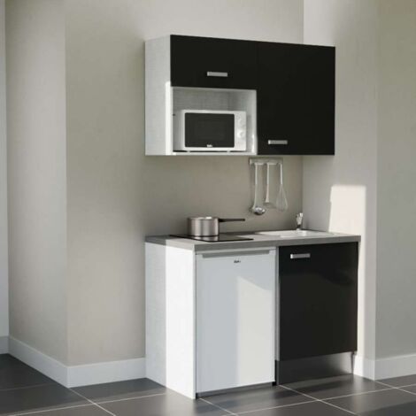 Kitchenette K07L-PT - 120 cm avec plan de travail et évier, emplacements frigo et micro-ondes - Façade Noir - Plan Gris béton - Evier Inox - Crédences Non