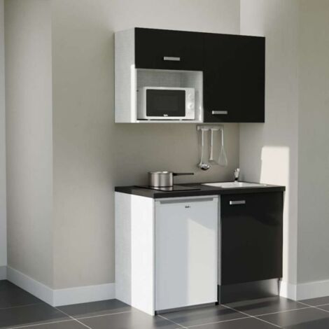 Kitchenette K07L-PT - 120 cm avec plan de travail et évier, emplacements frigo et micro-ondes - Façade Noir - Plan Noir texturé - Evier Inox - Crédences Non