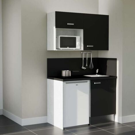 Kitchenette K07L-PT - 120 cm avec plan de travail et évier, emplacements frigo et micro-ondes - Façade Noir - Plan Noir texturé - Evier Inox - Crédences Oui