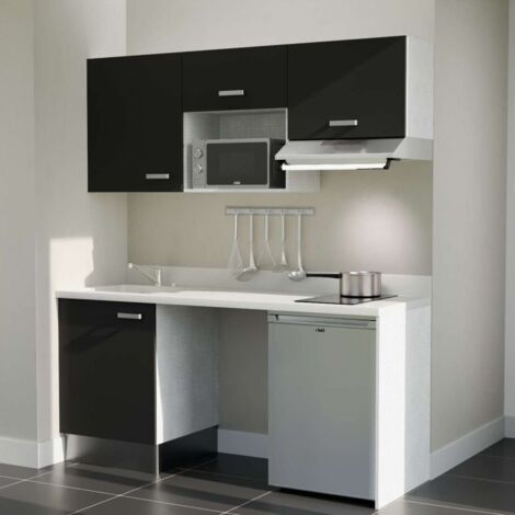 Kitchenette K55L - 180 cm - plan monobloc évier intégré Snova- évier à gauche - Façades Noir + Electroménager inclus coloris Inox