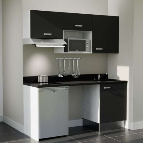 Kitchenette K55L - 180 cm - plan monobloc évier intégré Nero- évier à droite - Façades Noir + Electroménager inclus coloris Inox