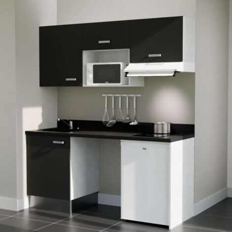 Kitchenette K55L - 180 cm - plan monobloc évier intégré Nero- évier à gauche - Façades Noir + Electroménager inclus coloris Blanc