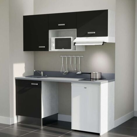 Kitchenette K55L - 180 cm - plan monobloc évier intégré Cromo- évier à gauche - Façades Noir + Electroménager inclus coloris Blanc