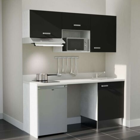 Kitchenette K55L - 180 cm - plan monobloc évier intégré Snova- évier à droite - Façades Noir + Electroménager inclus coloris Inox