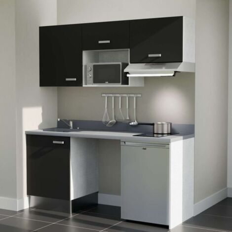 Kitchenette K55L - 180 cm - plan monobloc évier intégré Cromo- évier à gauche - Façades Noir + Electroménager inclus coloris Inox