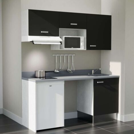 Kitchenette K55L - 180 cm - plan monobloc évier intégré Cromo- évier à droite - Façades Noir + Electroménager inclus coloris Blanc
