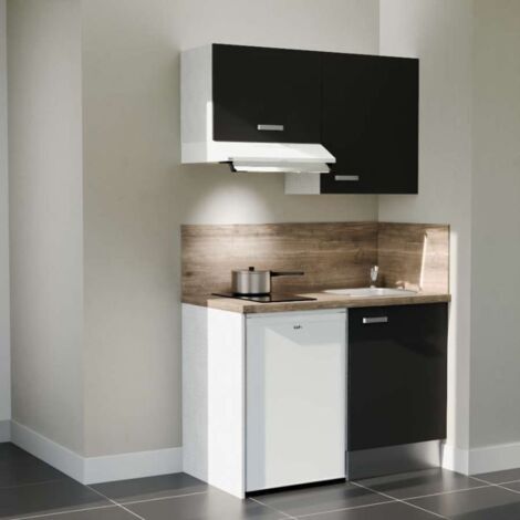Kitchenette K01L-PT - 120 cm - plan stratifié, évier inox, - Façade Noir - Plan Bois - Evier Inox - Crédences Oui + Electroménager inclus coloris Blanc (1/5)