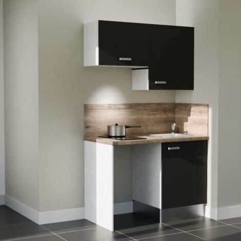 Kitchenette K01L-PT - 120 cm avec plan de travail et évier, emplacements frigo et hotte - Façade Noir - Plan Bois - Evier Inox - Crédences Oui (1/5)