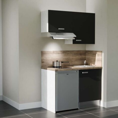 Kitchenette K01L-PT - 120 cm - plan stratifié, évier inox, - Façade Noir - Plan Bois - Evier Inox - Crédences Oui + Electroménager inclus coloris Inox (1/5)