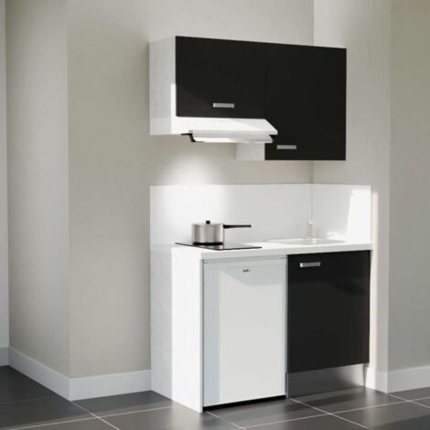 Kitchenette K01L-PT - 120 cm - plan stratifié, évier inox, - Façade Noir - Plan Blanc - Crédences Oui + Electroménager inclus coloris Blanc (1/5)