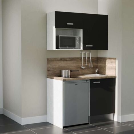 Kitchenette K07L-PT - 120 cm - plan stratifié, évier inox, - Façade Noir - Plan Bois - Evier Inox - Crédences Oui + Electroménager inclus coloris Inox (1/5)
