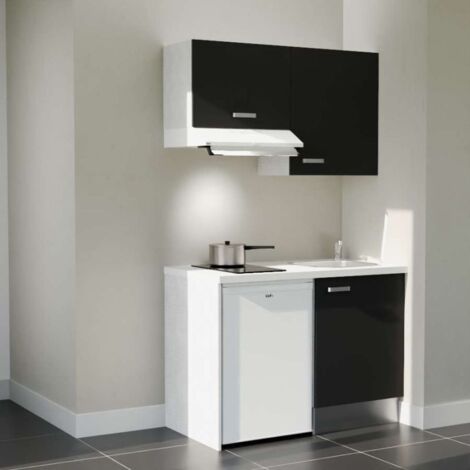 Kitchenette K01L-PT - 120 cm - plan stratifié, évier inox, - Façade Noir - Plan Blanc - Crédences Non + Electroménager inclus coloris Blanc (1/5)