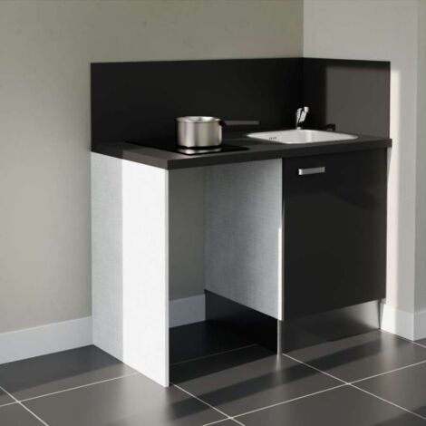 Kitchenette K08L-PT - 120 cm avec plan de travail et évier - emplacement frigo - Façade Noir - Plan Noir texturé - Evier Inox - Crédences Oui