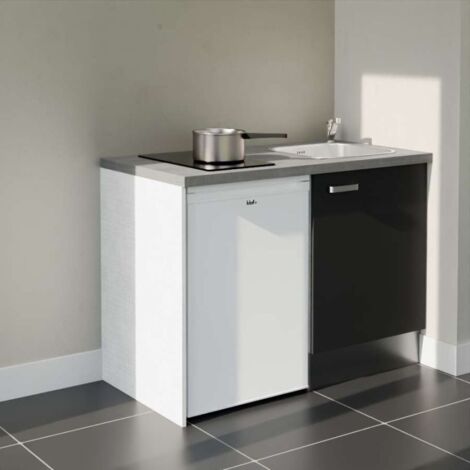 Kitchenette K08L-PT - 120 cm - plan stratifié, évier inox, - Façade Noir - Plan Gris béton - Evier Inox - Crédences Non + Electroménager inclus coloris Blanc (1/5)