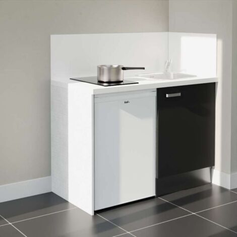 Kitchenette K08L-PT - 120 cm - plan stratifié, évier inox, - Façade Noir - Plan Blanc - Crédences Oui + Electroménager inclus coloris Blanc (1/5)