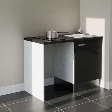 Kitchenette K08L-PT - 120 cm avec plan de travail et évier - emplacement frigo - Façade Noir - Plan Noir texturé - Evier Inox - Crédences Non