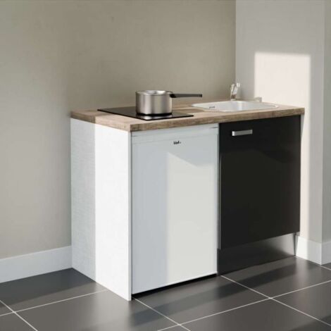 Kitchenette K08L-PT - 120 cm - plan stratifié, évier inox, - Façade Noir - Plan Bois - Evier Inox - Crédences Non + Electroménager inclus coloris Blanc (1/5)