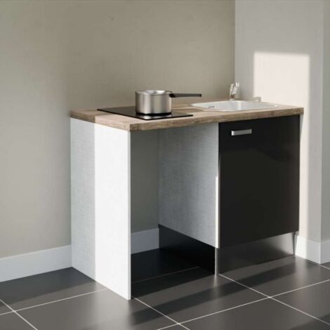 Kitchenette K08L-PT - 120 cm avec plan de travail et évier - emplacement frigo - Façade Noir - Plan Bois - Evier Inox - Crédences Non