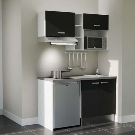 Kitchenette K13L-PT - 140 cm - plan stratifié, évier inox, - Façade Noir - Plan Gris béton - Evier Inox - Crédences Non + Electroménager inclus coloris Inox