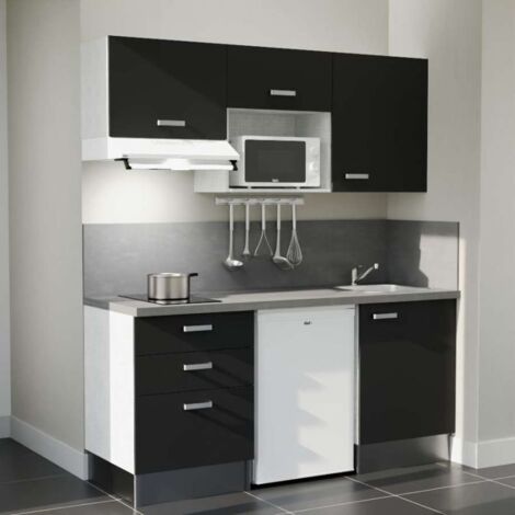 Kitchenette K20L-PT - 180 cm - plan stratifié, évier inox, - Façade Noir - Plan Gris béton - Evier Inox - Crédences Oui + Electroménager inclus coloris Blanc (1/5)