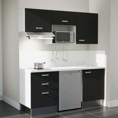 Kitchenette K20L-PT - 180 cm - plan stratifié, évier inox, - Façade Noir - Plan Blanc - Crédences Oui + Electroménager inclus coloris Inox (1/5)