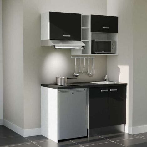 Kitchenette K13L-PT - 140 cm - plan stratifié, évier inox, - Façade Noir - Plan Noir texturé - Evier Inox - Crédences Non + Electroménager inclus coloris Inox (1/5)
