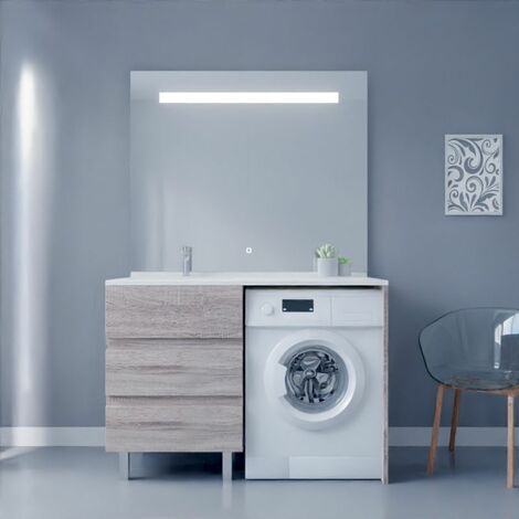 Meuble pour lave-linge IDEA, plan vasque déportée 124 cm x 65 cm- Blanc-  Vasque à droite