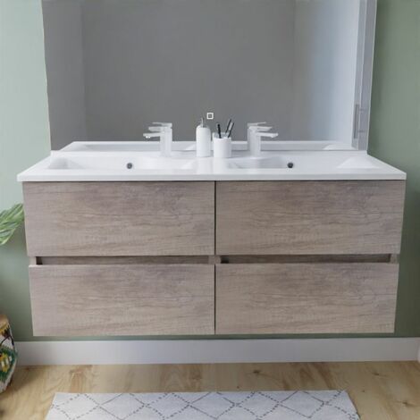 Meuble double vasque 120 cm ROSALY INOX- Bois- Plan vasque en Résine
