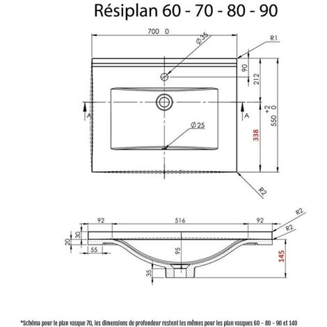 Plan simple vasque en résine de synthèse RESIPLAN - 80 cm
